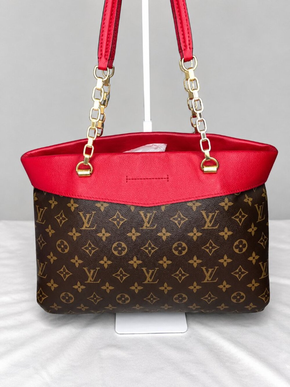 Louis Vuitton Monogram Tote Cerise Red Leather Gold Chain Shoulder Bag Lock & Ke